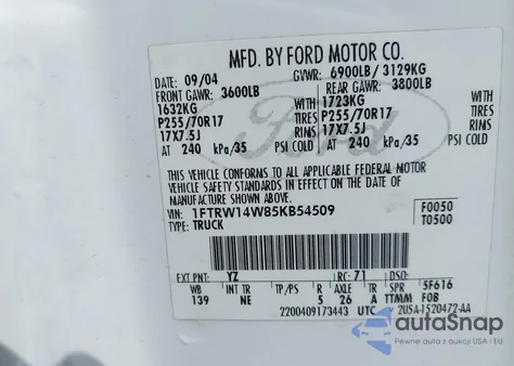 2005 Ford F-150 Xlt from USA, damaged, VIN 1FTRW14W85KB54509